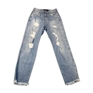 Hollister Curvy Ultra High-Rise Mom Jeans Light Wash Distressed Fringe  W28 L27